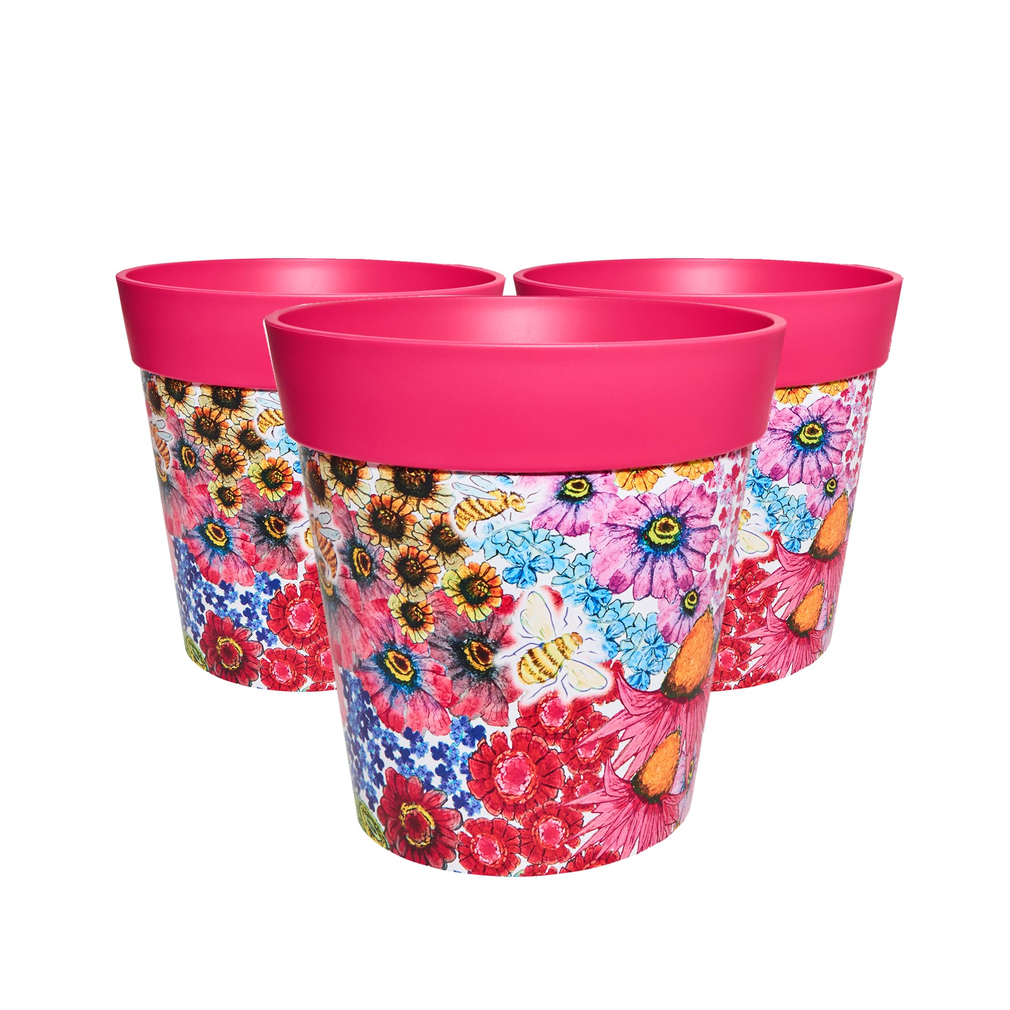Hum Flowerpots, 25cm Set of 3, Various Patterns Colours and Sizes, Indoor/Outdoor Plastic Plant Pots (Pink Flowers)