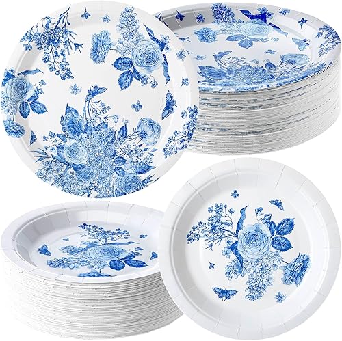 Mifoci 100 platos de papel de impresión floral azul y blanco, 50 platos de postre de papel de aperitivo de 7 pulgadas, 50 platos de papel