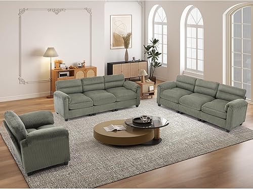 Miniatura 16 de Juego de sofá de pana, otomana tapizada, sofá de dos plazas y sofá de 3 plazas con cojines mullidos y brazos redondeados, juegos de muebles modernos