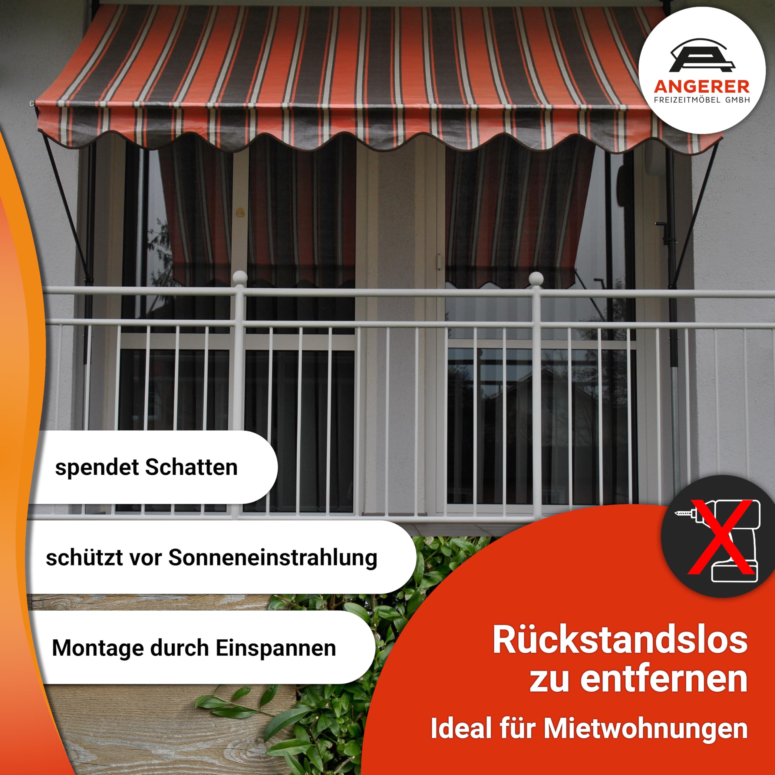Angerer Klemmmarkise Standard mit Handkurbel, Terrasse/Balkon, einfache Montage ohne Bohren, Made in Germany, Kunststoff-Bezug, UV-beständig, höhenverstellbar, wasserabweisend, 300 cm Orange
