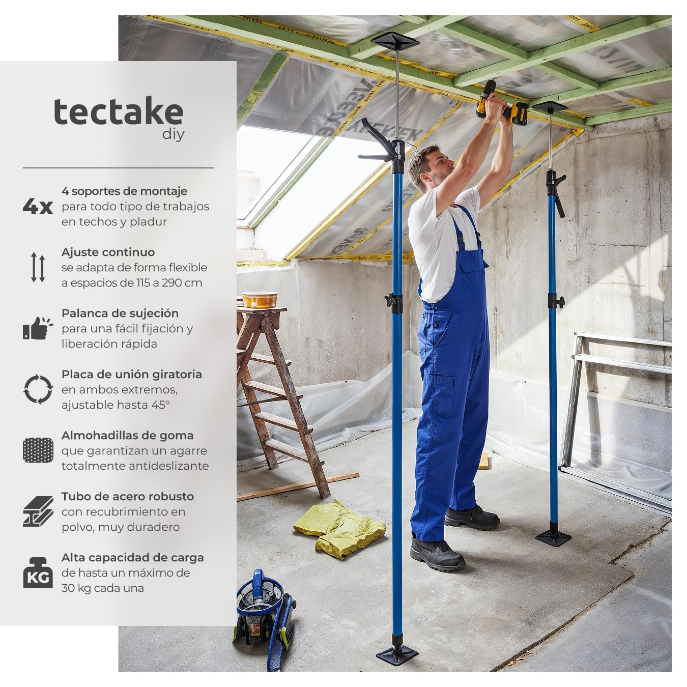 tectake® Juego de Tensores para Puerta, Puntales de Obra Ajustables, Puntal Telescopico Extensible, Puntales Extensibles, Varilla Telescopica, Poste Telescopico Extensible - Juego de 4 Azul