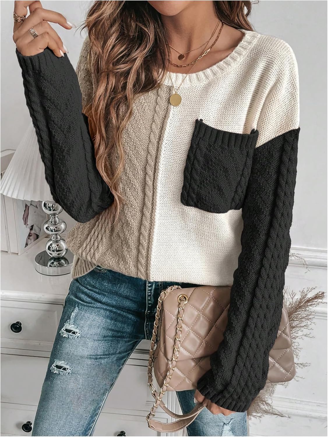 Milumia Women's Color Block Knit Sweater Crew Neck Drop Shoulder Long Sleeve Pullover Knit Tops - Image 3