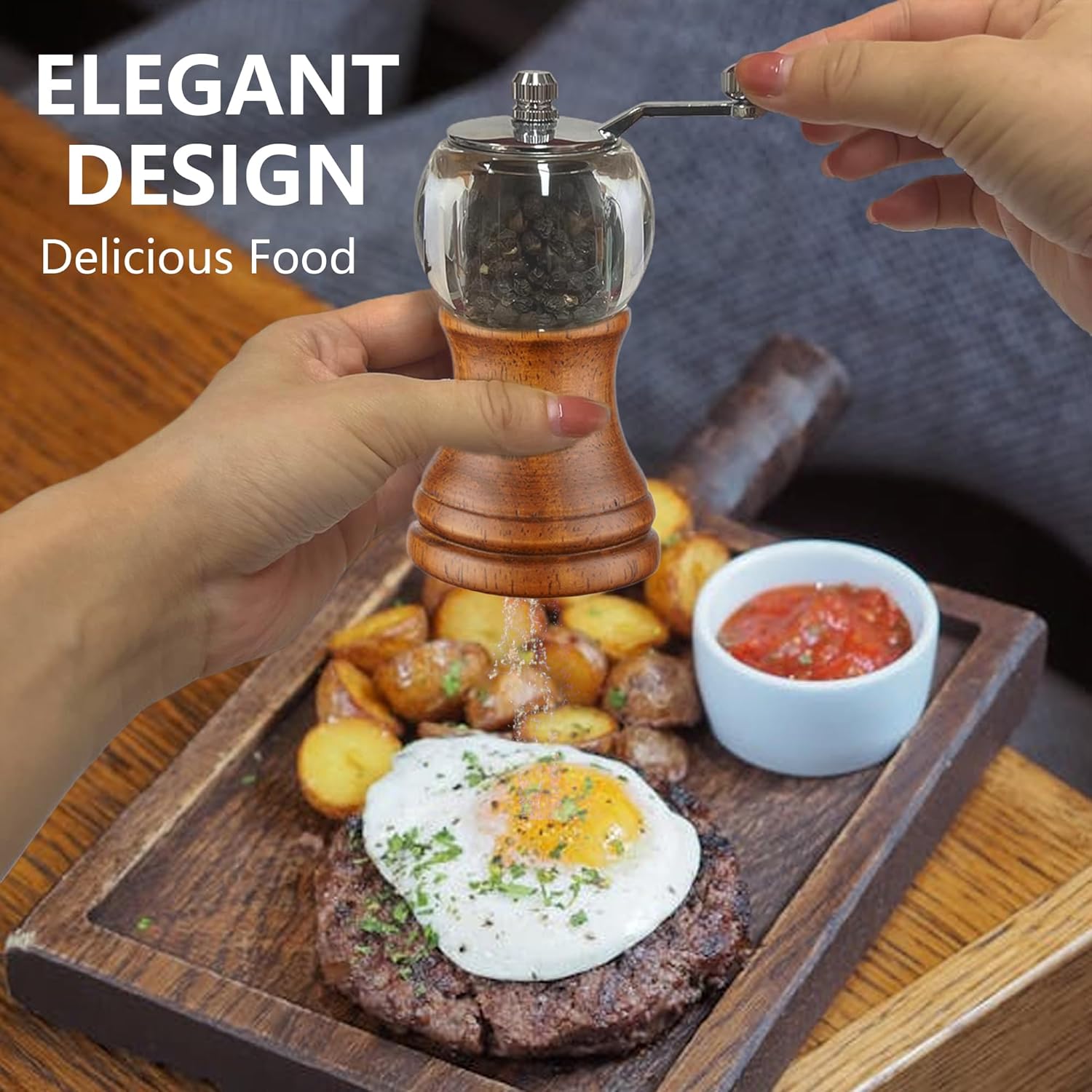 Salt And Pepper Grinder Set:Classical Hand Shake Spice Grinder,Adjustable Coarseness Grinder for Kitchen,Ceramic Blades and Metal Handle,Wooden Salt Grinder Refillable for Black Pepper,Sea Salt,2pcs