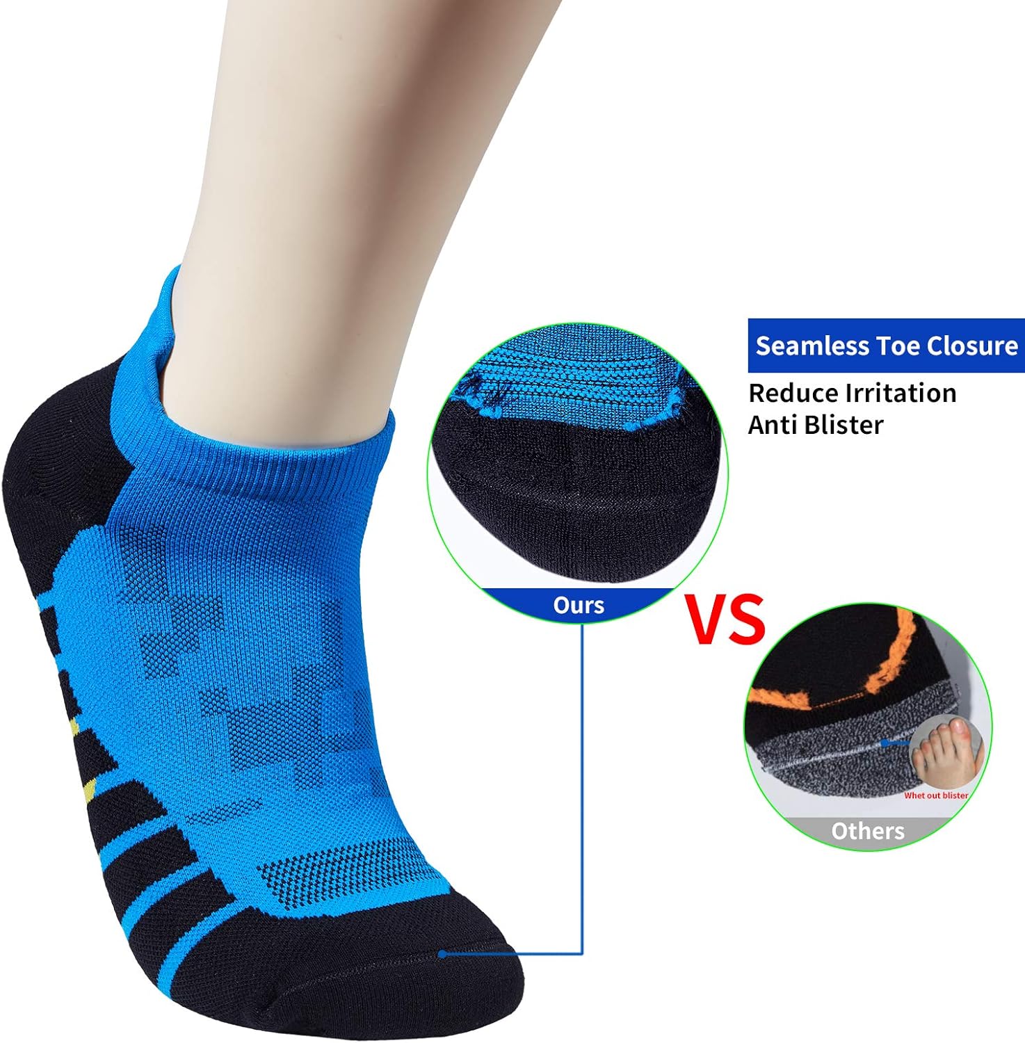 Men's Blue with Black 5-Pack Cushioned Seamless Anti Sweat Blister Proof Odor Resist Ankle Low Cut Running Socks - Image 4