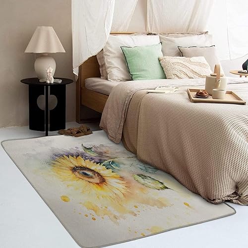 Miniatura 3 de Alfombra de área de girasol de 3 x 5 pulgadas, alfombra floral de acuarela, alfombras lavables para decoración de sala de estar y dormitorio,