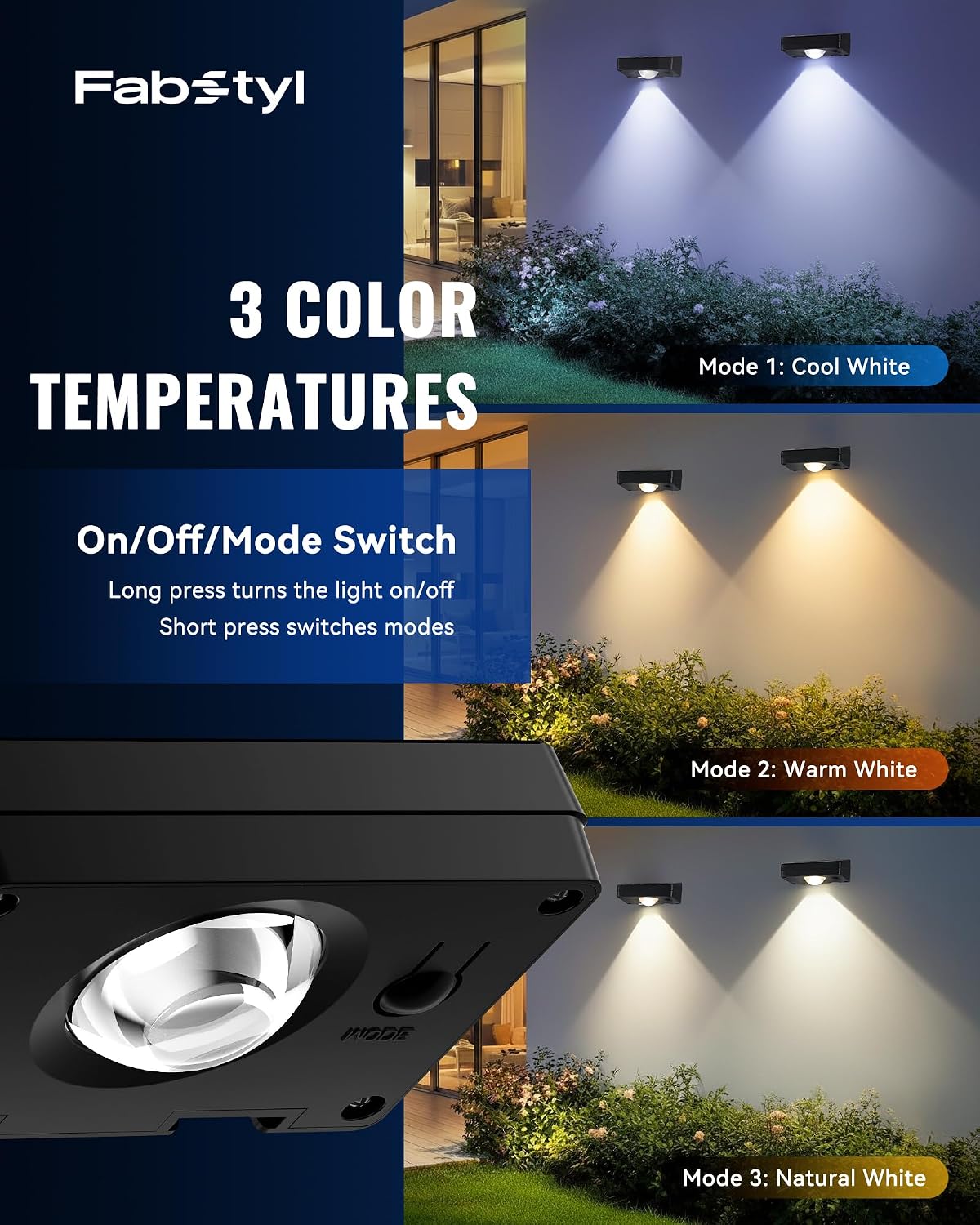 Solar Fence Lights Outdoor Waterproof, 12 Pack Fence Light Solar Powered | 3000K/4500K/6500K 3 Modes Wall Step Light for Outside, Deck, Step, Yard, Stairs, Balcony, Patio, Railing
