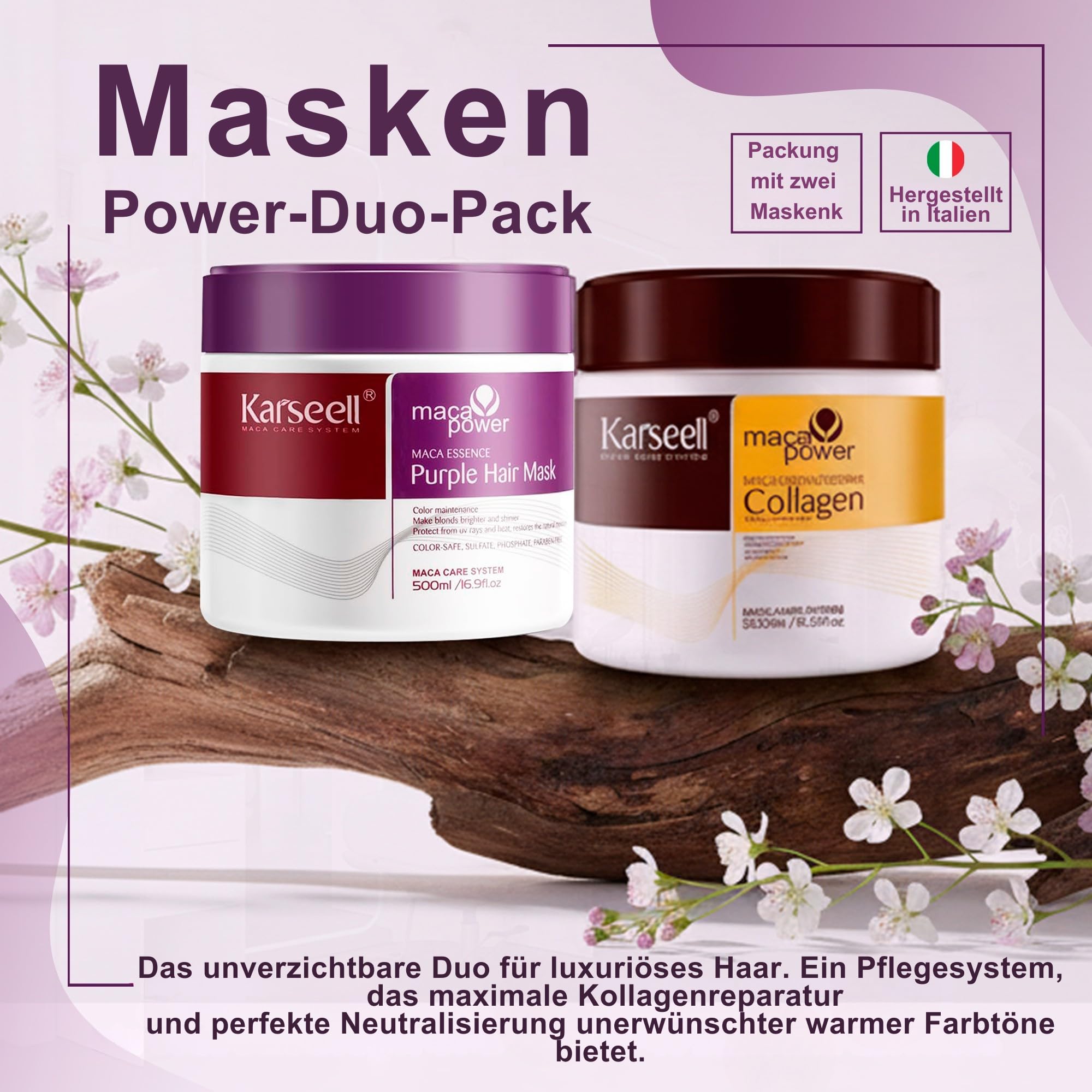 Karseell MACA CARE SYSTEM Set 1 Kollagen-Haarmaske + Violette Haarmaske Gegen Gelbstich Tiefenpflege Feuchtigkeit Reparatur Trockenes Geschädigtes Blondiertes Graues Weißes Haar Ohne Sulfate