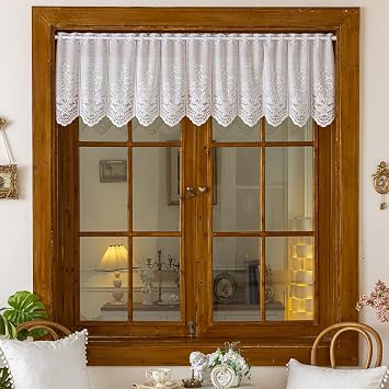 Vintage Lace Sheer Valance Kitchen Curtains 18 Inches Long 2 Panels, Semi Sheer Scalloped Floral Embroidered Over Sink Cafe Curtain, Window Short Small Drapes White,51"x18"