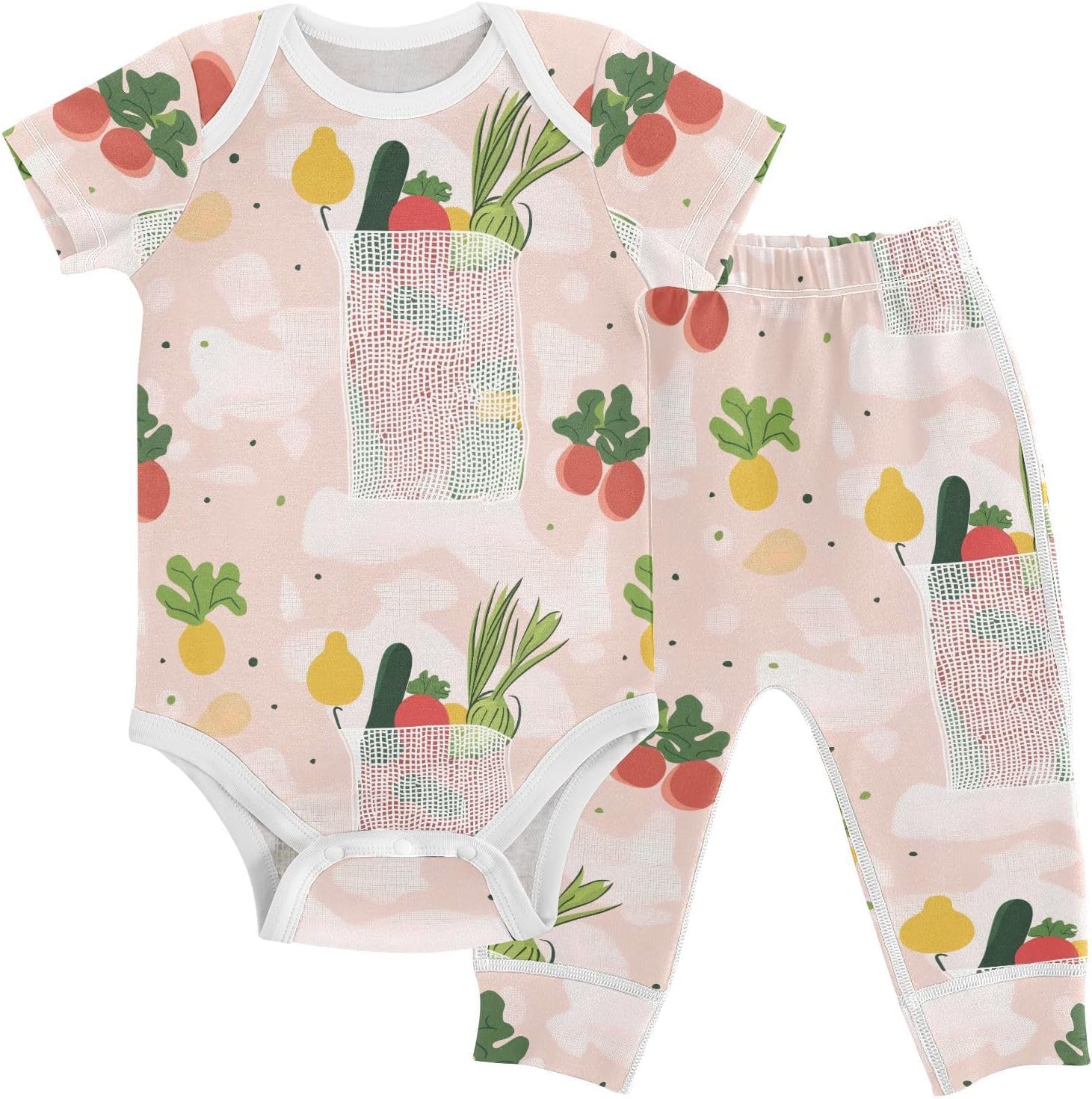 vvfelixl Baby Clothes Abstract Veggie Pink Baby Bodysuits Set Unisex Short Sleeve Babys Pants Sets 0-3M