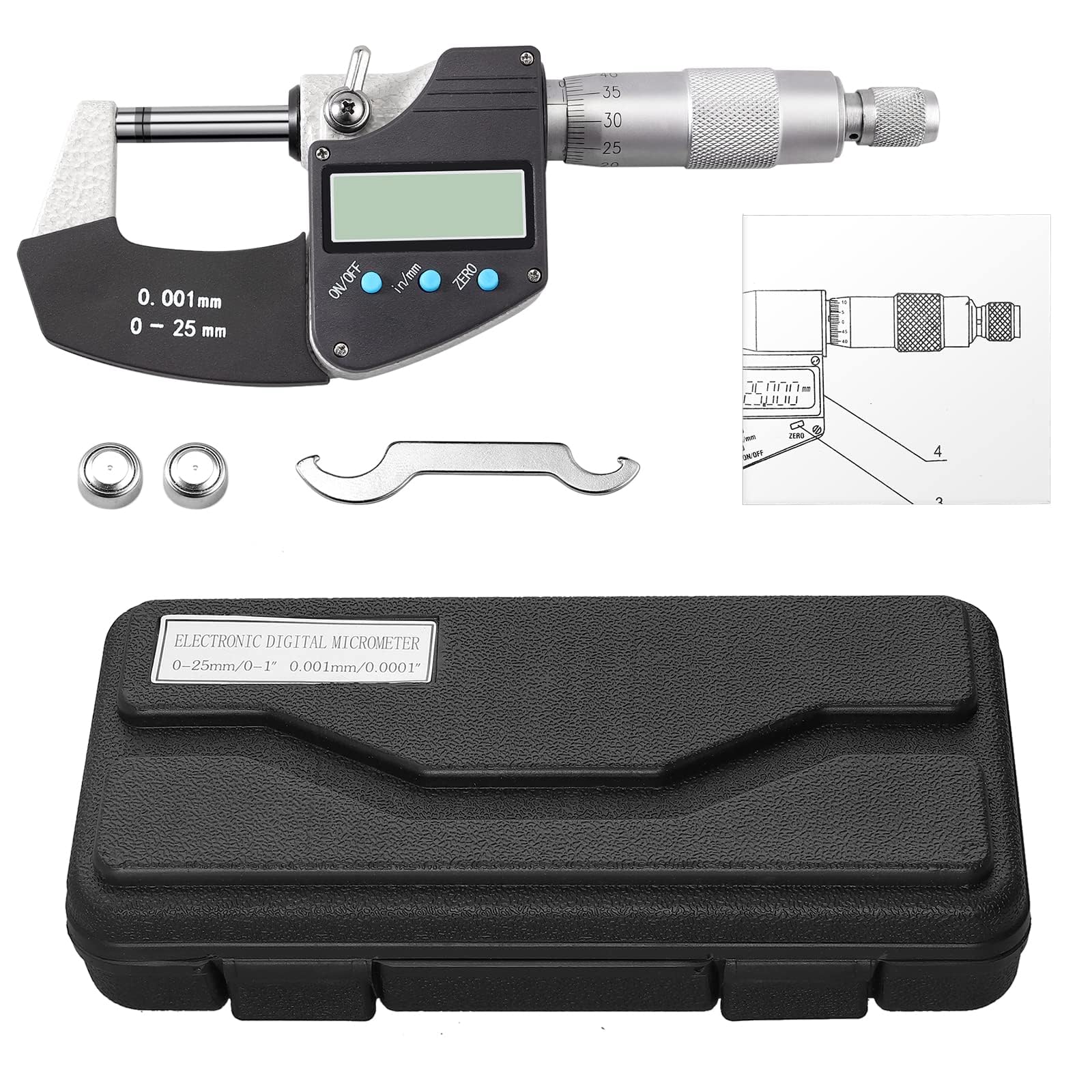 AUTOUTLET Micrometer Digitale Bügelmessschrauben 0-25 mm/ 0.001mm(0.00005"), LCD Digitale Mikrometer Mikrometerschieber Zoll/Metrische Messung, Hohe Präzision Messwerkzeug Mikrometer