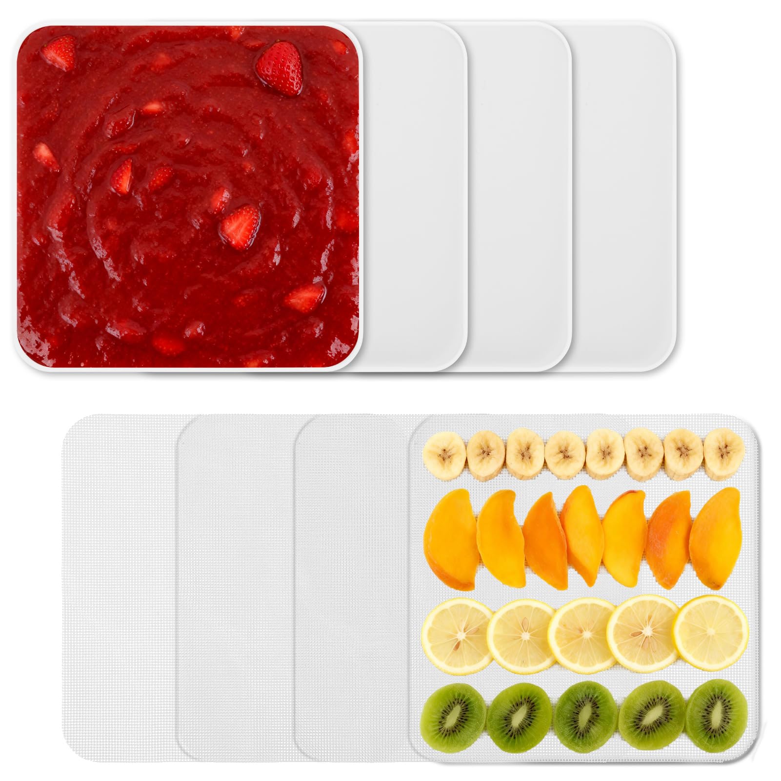 4 tappetini per disidratazione in silicone e 4 lamiere di disidratazione a rete, 28 x 28 cm, fogli in silicone riutilizzabili e antiaderenti, rivestimento in lamiera antiaderente con bordo per liquidi