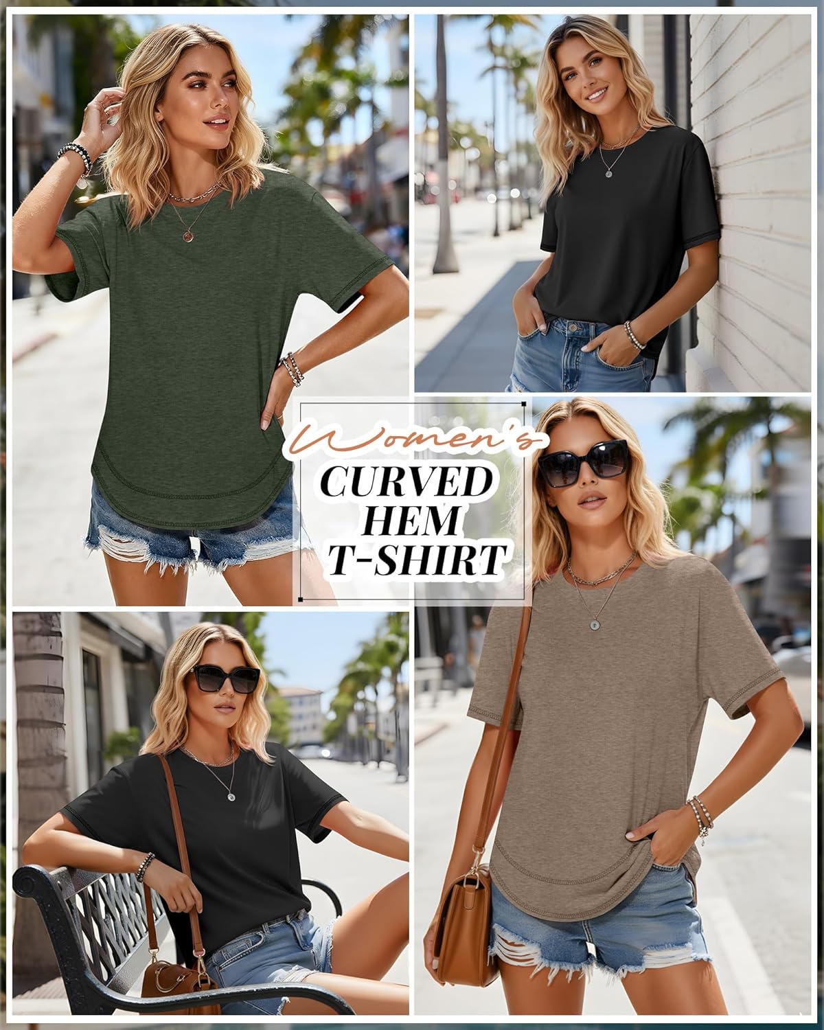 Ficerd 3 Pack Women's Short Sleeve T-Shirts, Loose Fit Crew Neck Tunic Tops Casual Solid Basic Tee Shirts Curved Hem Blouses - Image 2