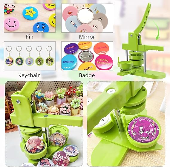 Badge Maker, Rotating Button Upgrade Badge Maker DIY Buttons Kit 37mm Badge Making Machine with 417 Pieces Key Ring Parts with Circular Cutter