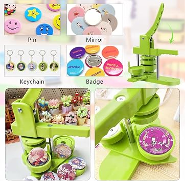 Badge Maker, Rotating Button Upgrade Badge Maker DIY Buttons Kit 37mm Badge Making Machine with 417 Pieces Key Ring Parts with Circular Cutter