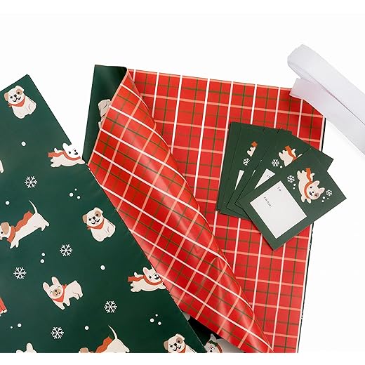 Pink Christmas Wrapping Paper Set w/ 6 - 27" x 39" flat sheets, 9 Christmas Gift Tags & Ribbon - Christmas Wrapping Paper for girls - Nutcracker Wrapping Paper Sheets + Plaid wrapping paper. Christmas Bundle for Holiday