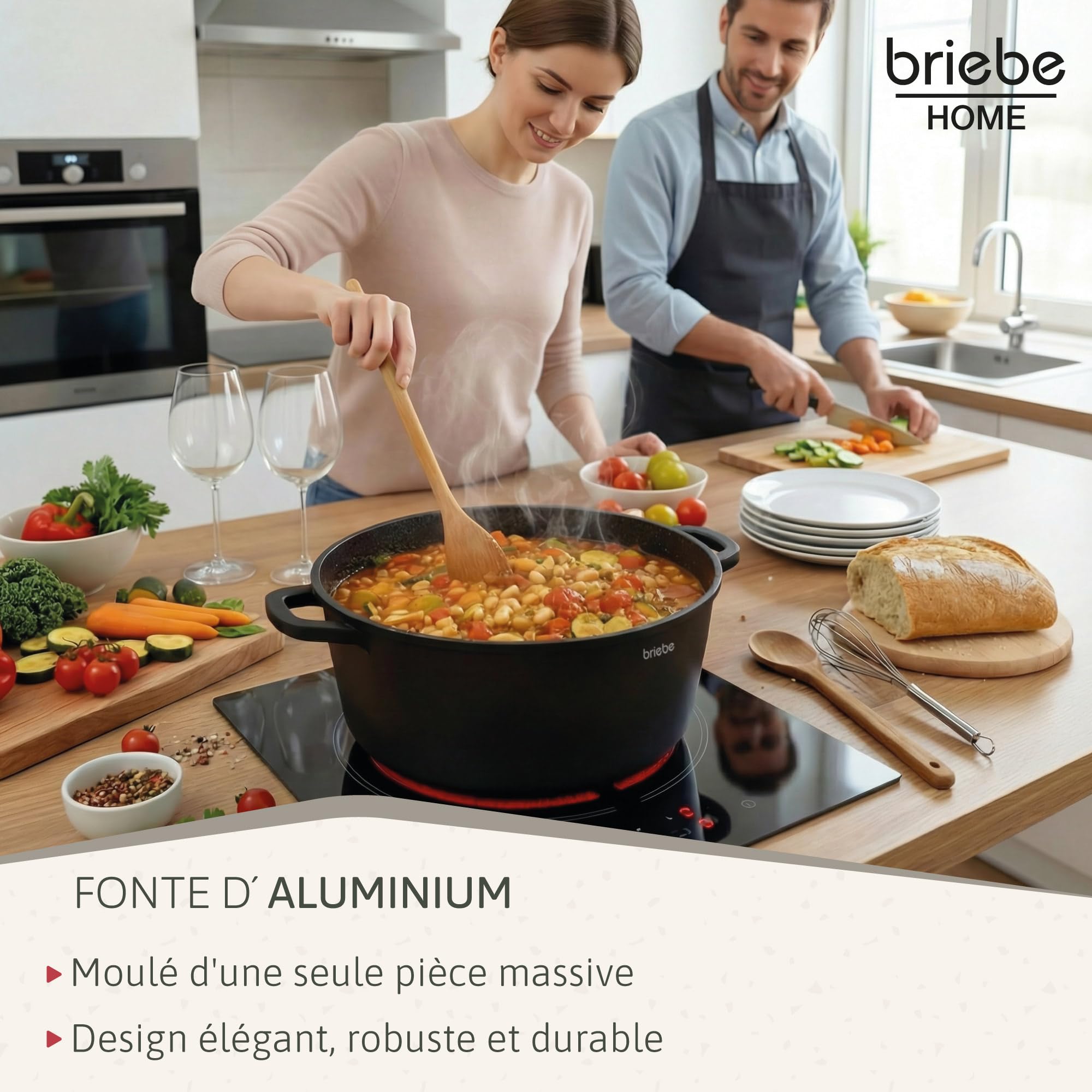 briebe Black Titanium Batterie de Cuisine Induction 6 Pièces Antiadhésive Titane, Lot de 3 Casseroles en Fonte d'Aluminium sans PFOA, Couvercles en Verre, Poignées Amovibles en Silicone