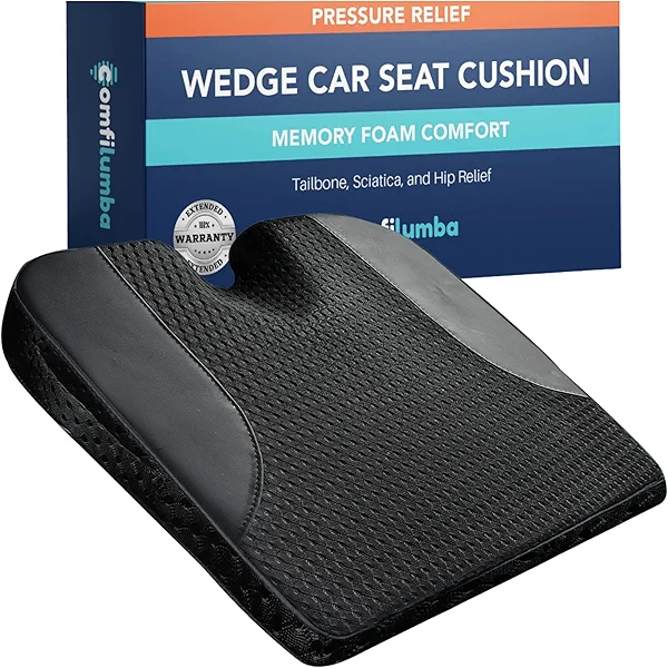 ComfiLumba Car Seat Cushion, Comfort Wedge Premium Memory Foam - Car Cushion for Sciatica & Back Pain Relief for Long Drives, Black Mesh Cover