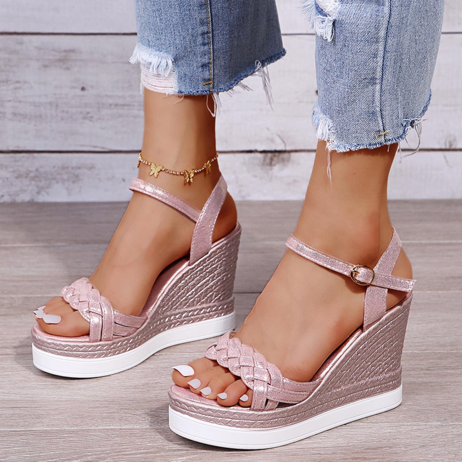 Sandales compensées pour femme - Sandales d'été à plateforme - Chaussures à boucle - À enfiler - Tissage à bout ouvert - Décontracté