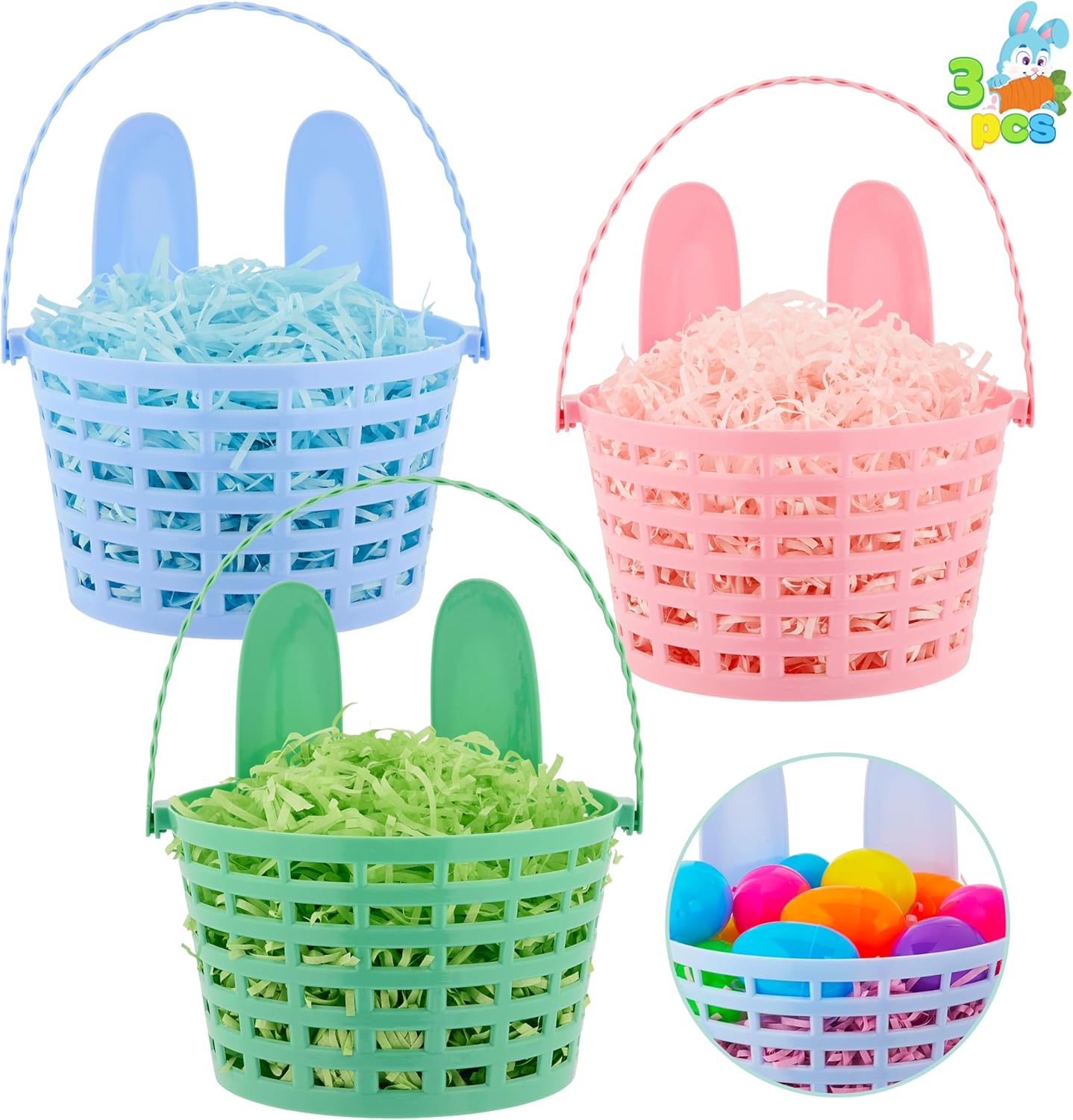JOYIN 3 PCS Easter Plastic Baskets with Bunny Ears, Handle and 72g Shredded Paper Grass for Garden Party Favors, Easter Eggs Hunt, Goodies Gifts Spring Celebrations, Basket Fillers Stuffers Toy