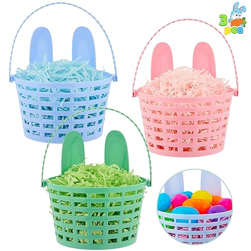 JOYIN 3 PCS Easter Plastic Baskets with Bunny Ears, Handle