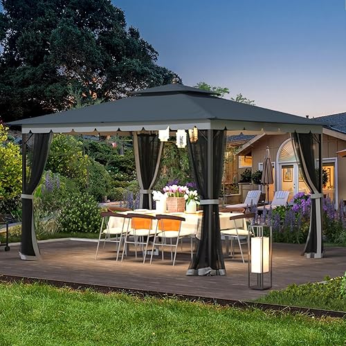 10x12 Gazebo with Mosquito Netting,Sturdy Metal Outdoor Patio Gazebo[Heavy Duty Frame],Gazebos Canopy Tent with Dual Air Roof,Patio Canopy Gazebos,Wind Resistant/Waterproof for Deck
