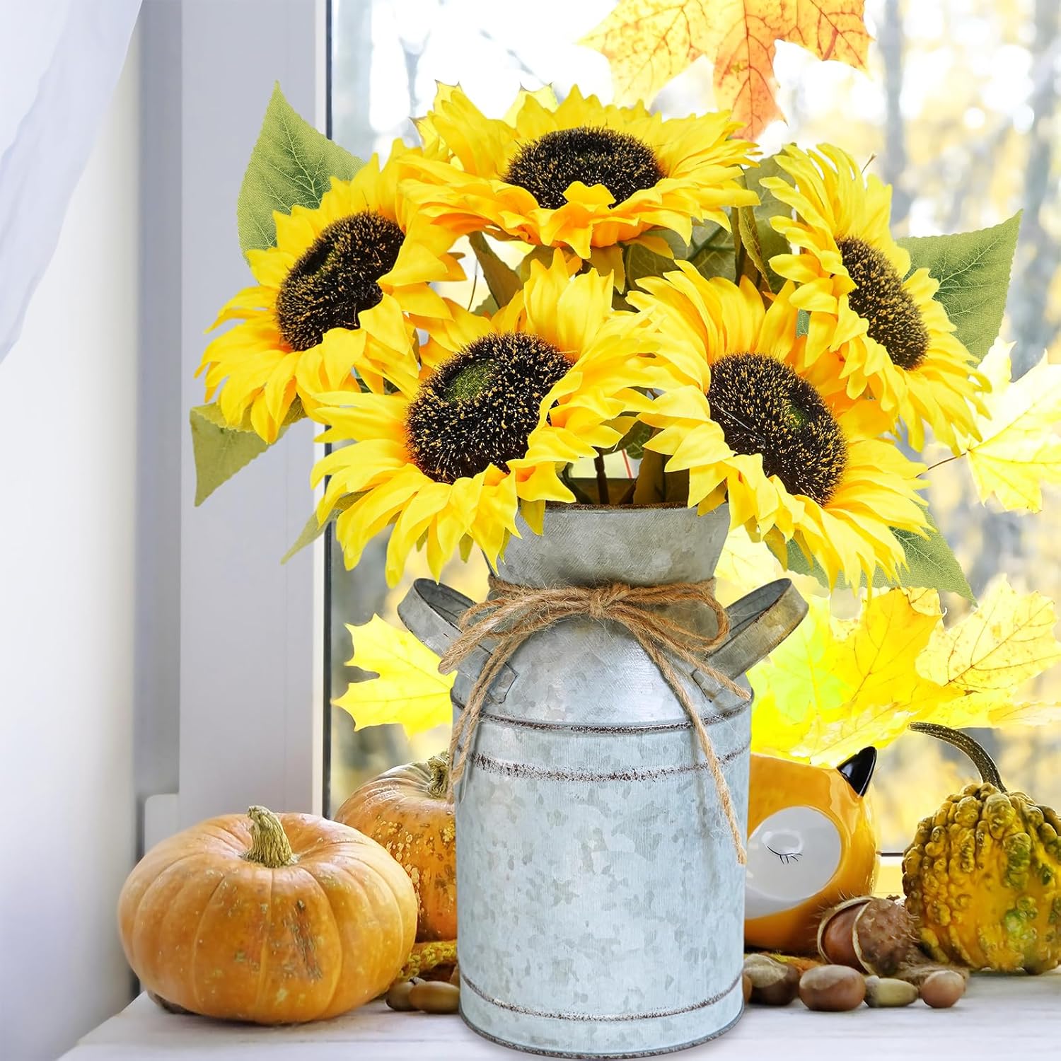 Winlyn Artificial Sunflowers in Rustic Galvanized Metal Milk Vase 12" Tall Farmhouse Centerpiece Yellow Silk Sunflower Stems Floral Arrangements for Country Fall Wedding Home Kitchen Table Décor - Image 7