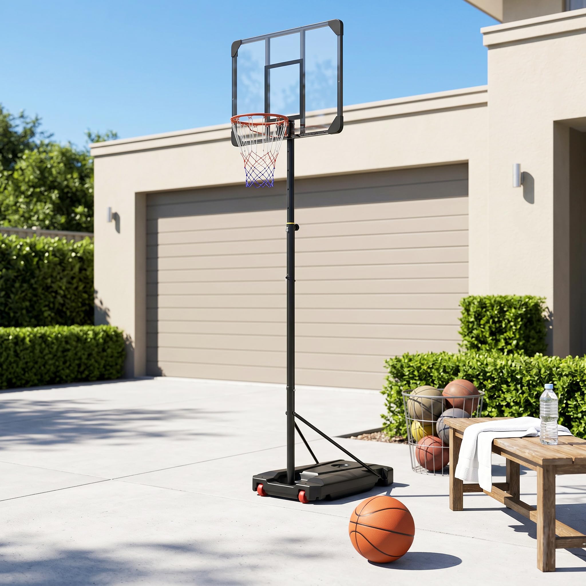 NAIZY Canasta de baloncesto para exteriores, altura ajustable, 150-260 cm, móvil con soporte | Canasta de baloncesto para interior con ruedas, 40 kg, rellenable con pelota de baloncesto y bomba para adultos
