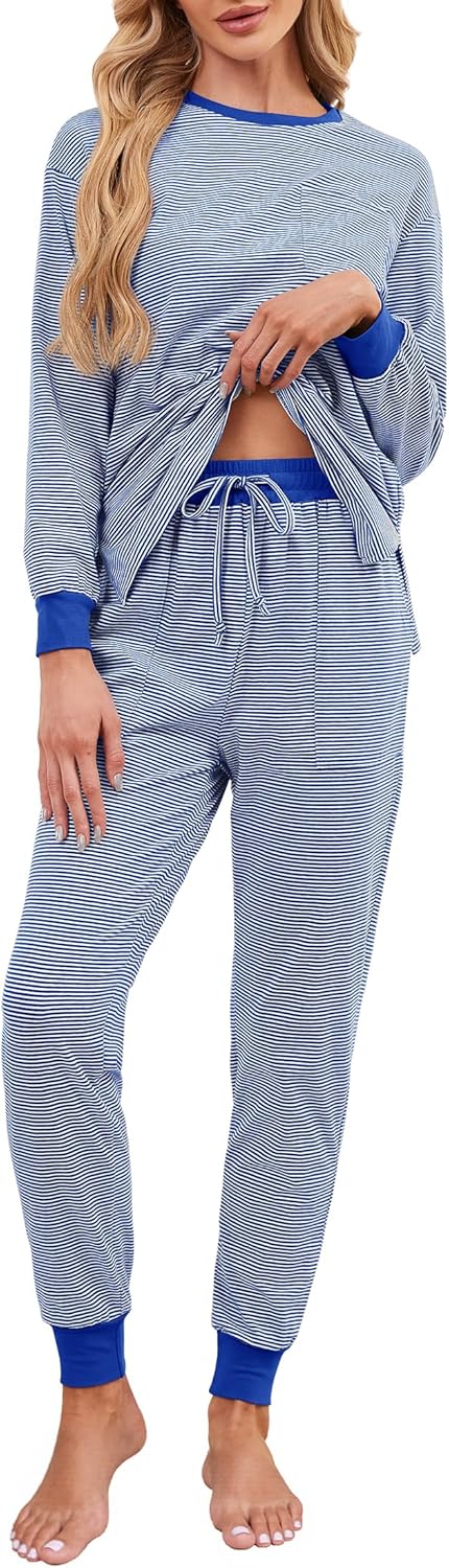 Soft Cotton Pajamas for Women Set Striped Long Sleeve Lounge Sets 2 Piece Pajama Tops and Jogger Pants with Pockets