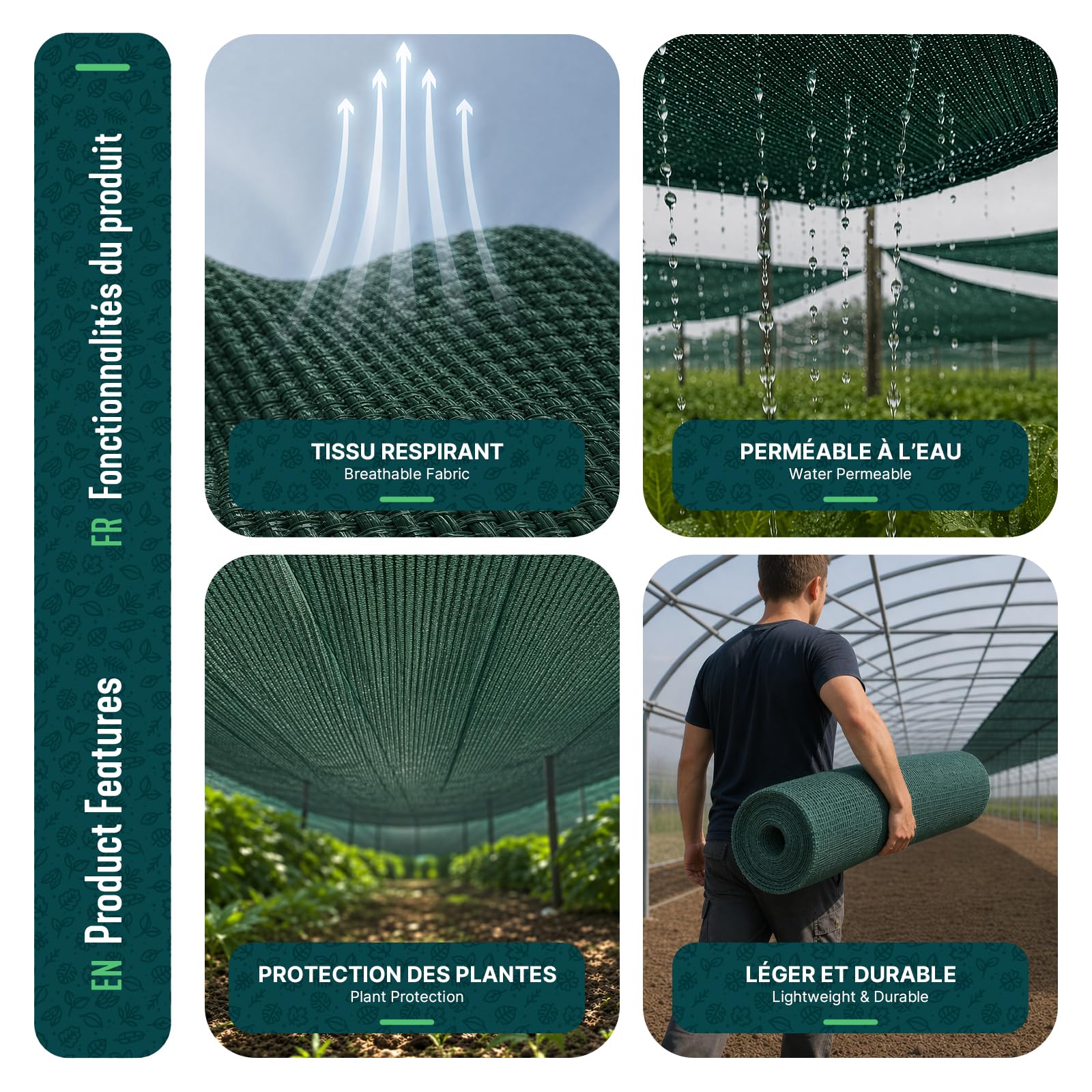VOUNOT® Filet d’Ombrage pour Serre HDPE 90g/m² Filet Filet de Protection DIY Multi-Usage Serre Tunnel Potager Tomates Poulailler Résistant Intemperies Anti UV Installation Facile 1.8x20m Vert