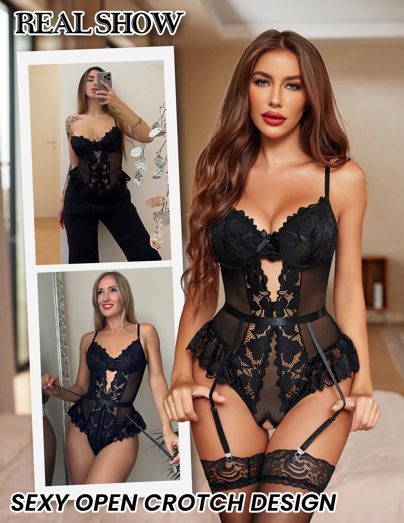 Avidlove Sexy Lingerie for Women Bodysuit Lingerie Green Lingerie Lace Teddy(Dark Green,XXL): Avidlove Lace Bodysuit Lingerie for Women Sexy Garter Lingerie Set Teddy Lingerie