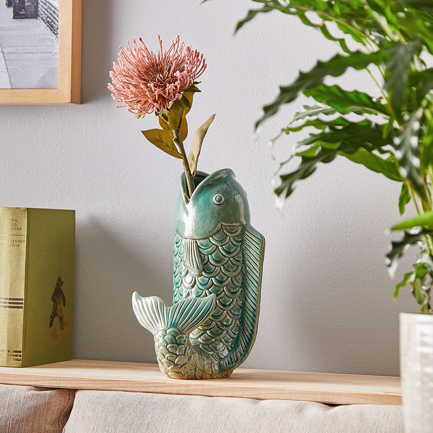 BUTLERS Blumenvase ø 15 cm H 26 cm Steingut Dekovase - KOI - | Grün - Keramik-Vase für Schnittblumen - Dekoration für Fensterbank & Flur
