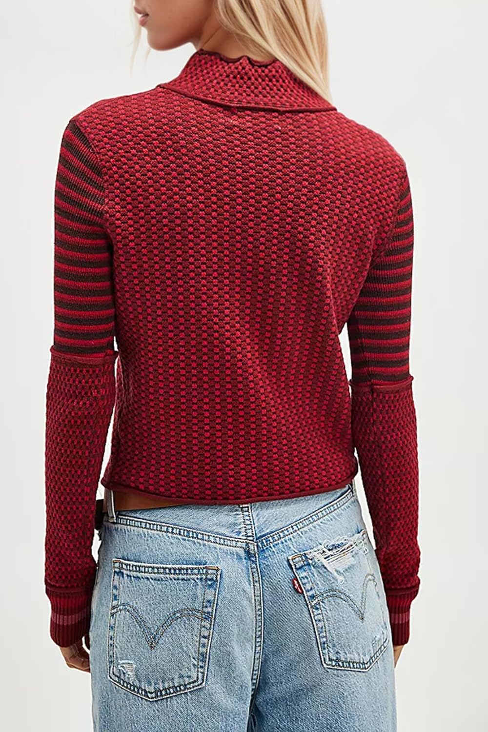 Casual Mock Neck Striped Cropped Sweater for Women Slim Fit Long Sleeve Plaid Pullover Sweater Color Block Knit Tops