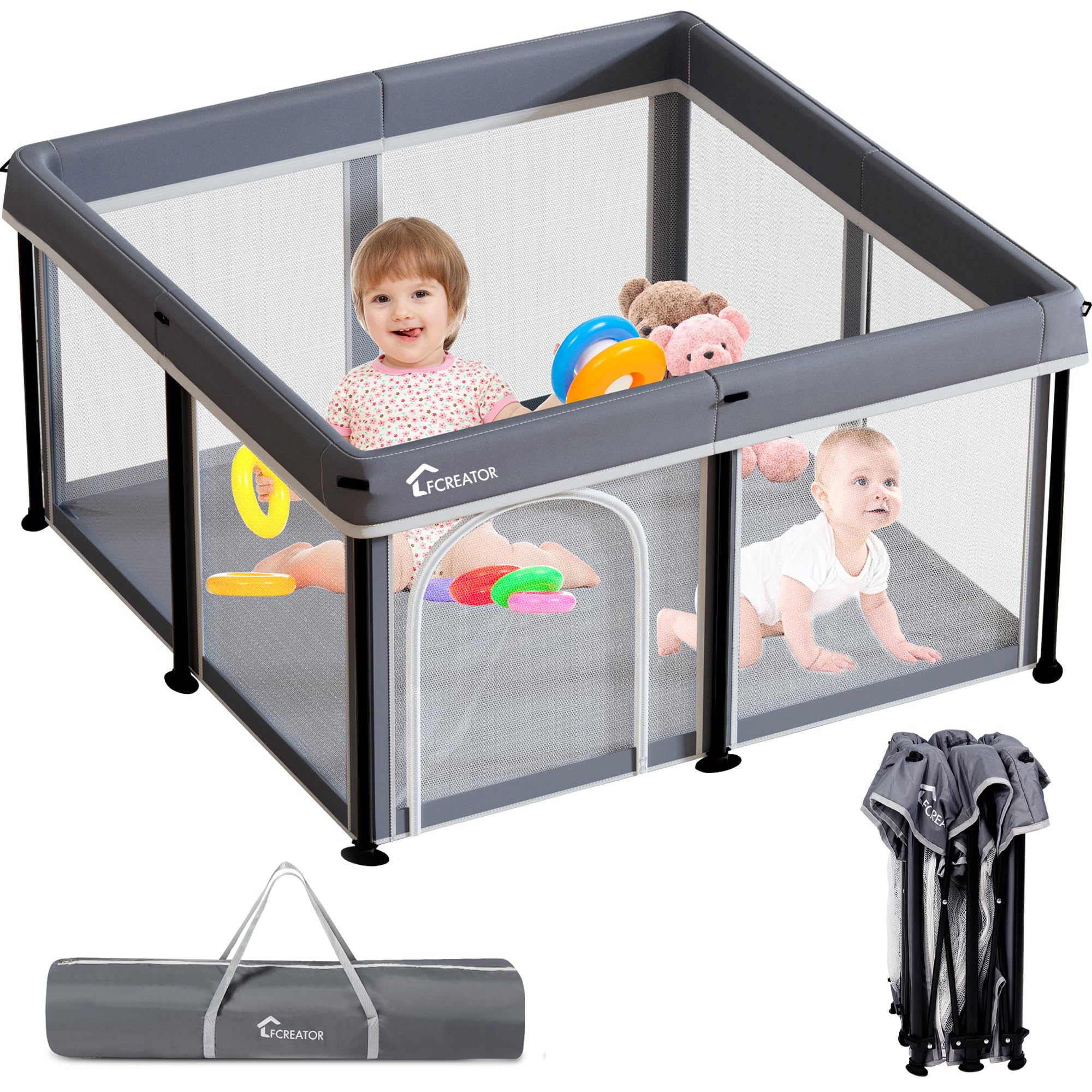 Foldable Baby Playpen, Playpen for Babies and Toddlers Indoor & Outdoor,Baby Activity Center with Visible Breathable Mesh,50”×50”?Grey?