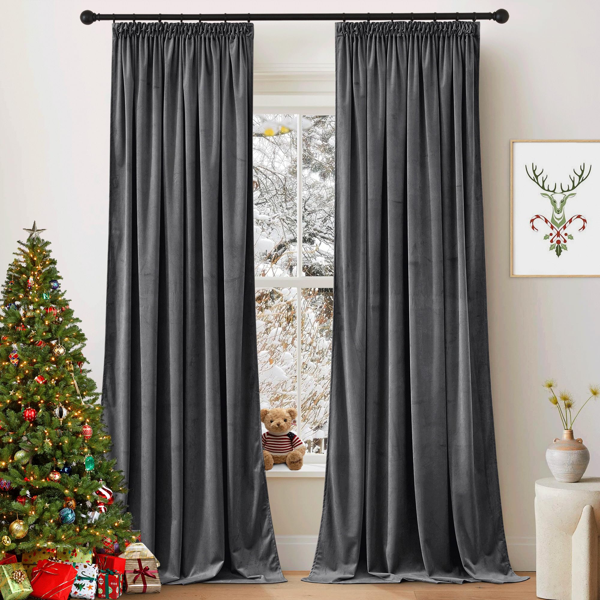 PONY DANCE Cortinas Salon Opacas Cortinas Terciopelo Cortinas Termicas Aislantes Frio y Calor Cortinas Dormitorio para Riel Cortinas Ventana Cortina Gruesa 2 Piezas (300 g/m2), 132x260 CM, Gris OEKO-TEX STANDARD 100