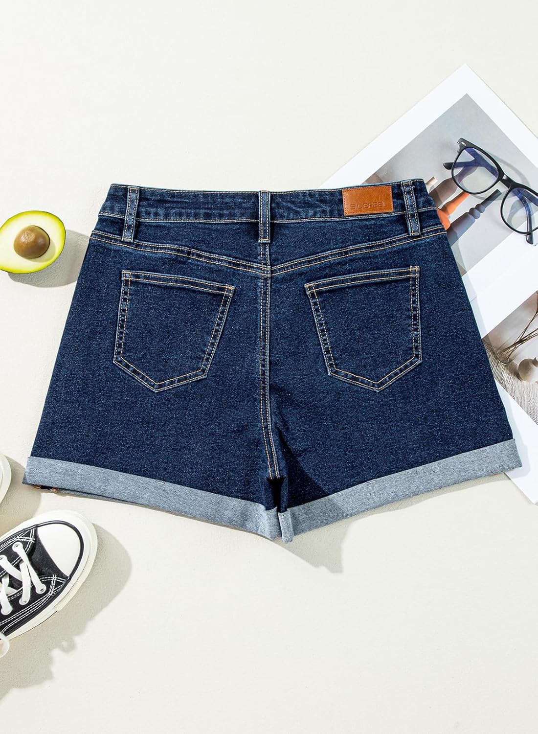 Sidefeel Women's Jean Shorts High Waisted Stretchy Casual Rolled Hem Zimbaplatinum Denim Shorts - Image 8