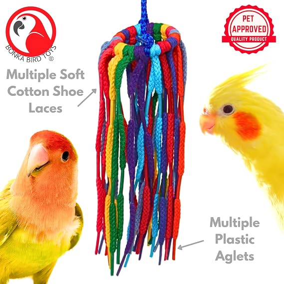 Bonka Bird Toys 51214 Small Aglet Heaven Cotton Shoelace Toy with Plastic Aglets and 2 Ring for Parakeets Cockatiels Quakers Pionus Small Bird Enrichment