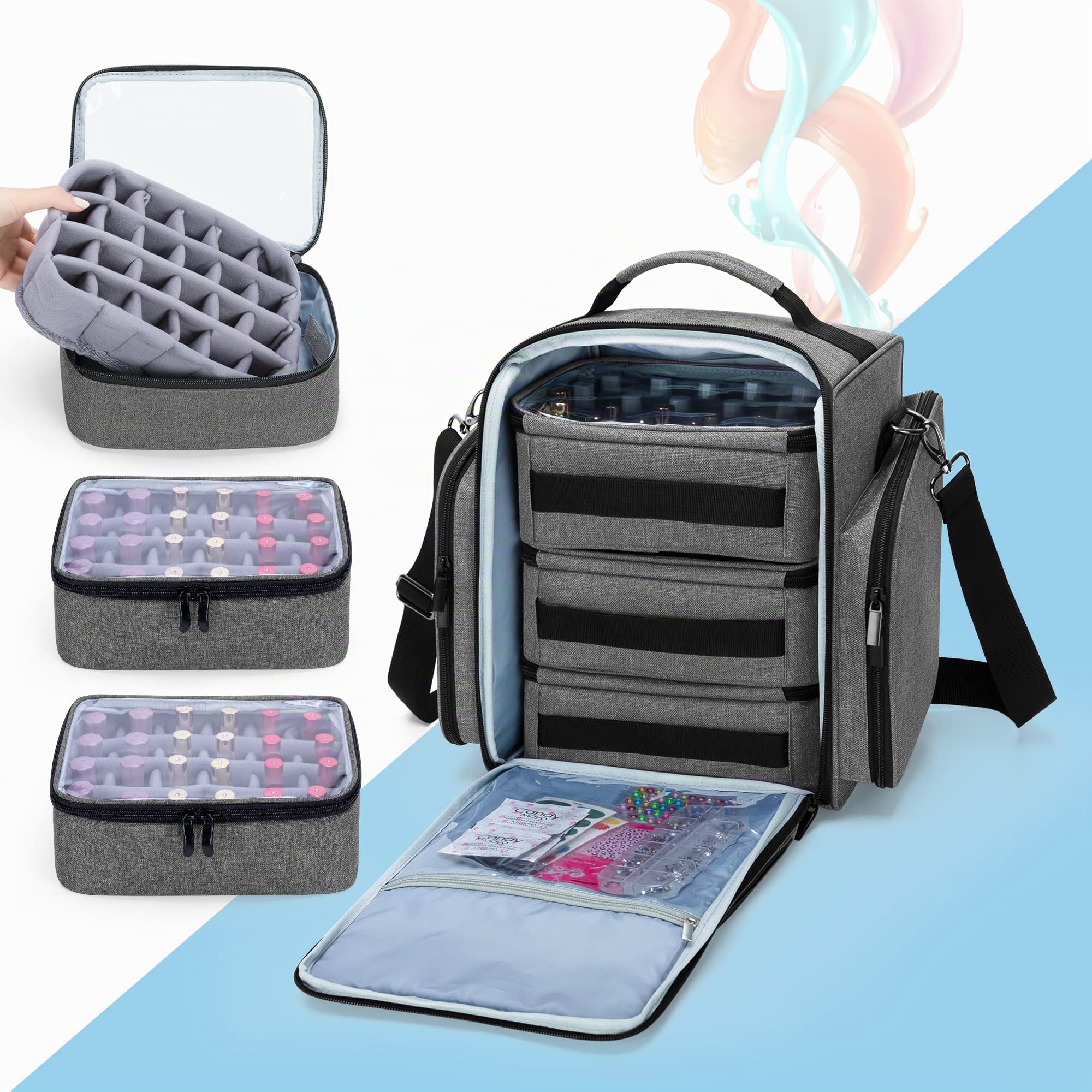 BAFASO Borsa Organizer per Smalti per 72 Flaconi con 3 Sacchetti, Grigio | Valigetta Porta Smalti per Unghie, Borsa da Viaggio per Smalti per Unghie, 15 ml - 0,5 fl.oz (Solo Borsa)