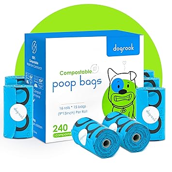 DogRook Compostable Dog Poop Bags, Large Extra Thick and Strong Waste Bags, 100% Leak-Proof, Jasmine Scented, Each Bag 9 x 13 Inches, 240 Count, 15 Doggy Bags per Roll - 16 Refill Rolls