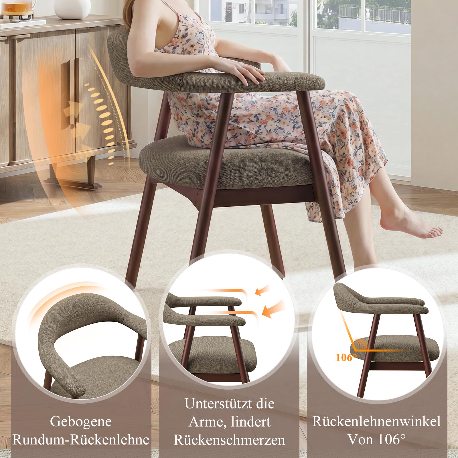 MALOL 4er Set Stoffsessel Esszimmerstühle, gepolsterte Esszimmerstühle mit gebogener Rückenlehne und Holzbeinen, Mid-Century-Modern Küchenstühle für Küche und Esszimmer, Kamel