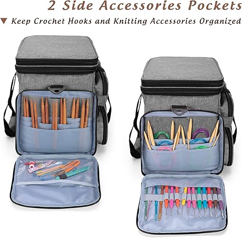 Miniatura 4 de Yarwo Bolsa de hilo para tejer, bolsa de almacenamiento portátil de ganchillo con doble cubierta superior y agujeros de hilo para agujas de tejer