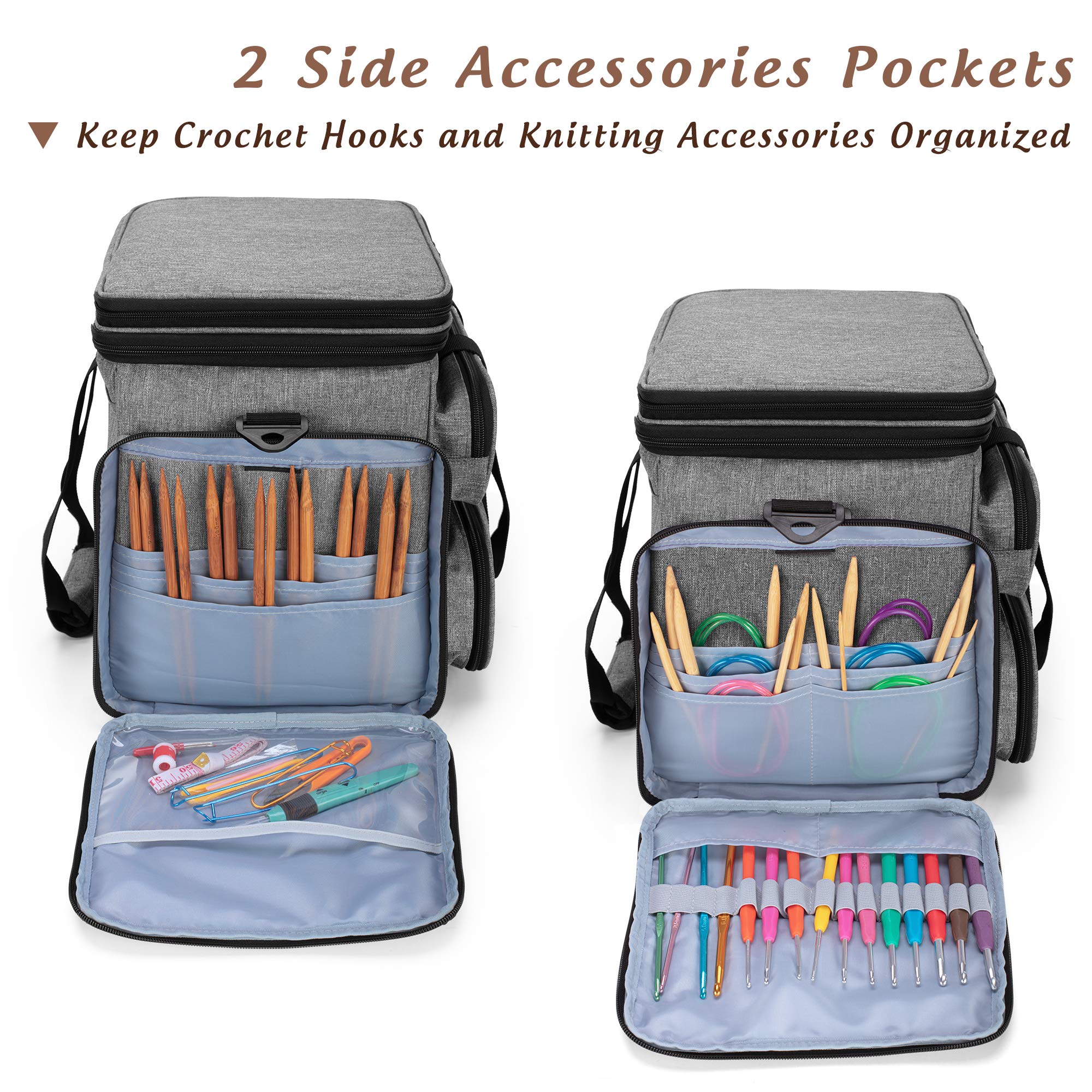 Yarwo Sac à Tricoter, Sac pour Pelotes de Laine, Aiguille a Tricoter, Fil de Laine, Organisateur avec Couverture Supérieure Double et Multiples Poches pour Accessoires Tricot et Crochet, Gris | Organisateur avec couverture supérieure double et multiples p