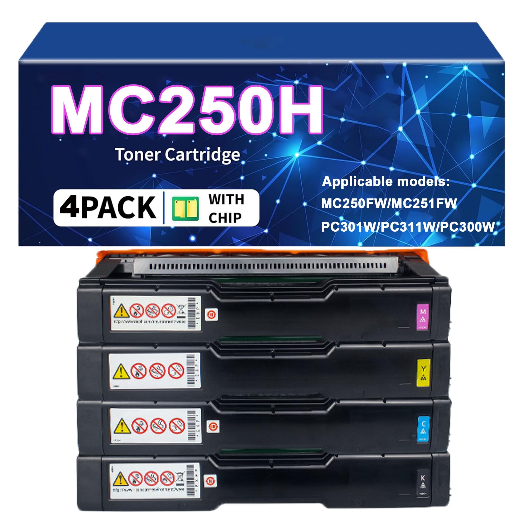 MC250H Zestaw kaset z tonerem zamiennik dla drukarki 408348 408349 408351 408350 do drukarki Ricoh MC250FW MC251FW PC301W PC311W PC300W, 4 kolory, 1 opakowanie