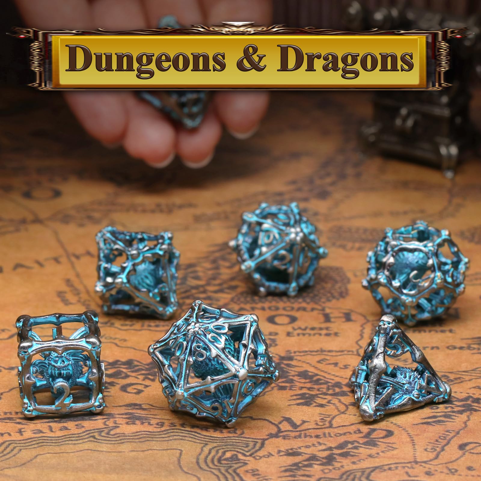 Beholder DND Dice Set, Eye Monster Metal Dice, ZHOORQI 7PC/Set Polyhedral Dices for Dungeons and Dragons D&D Gifts(Eye-Retro Blue) - Image 2