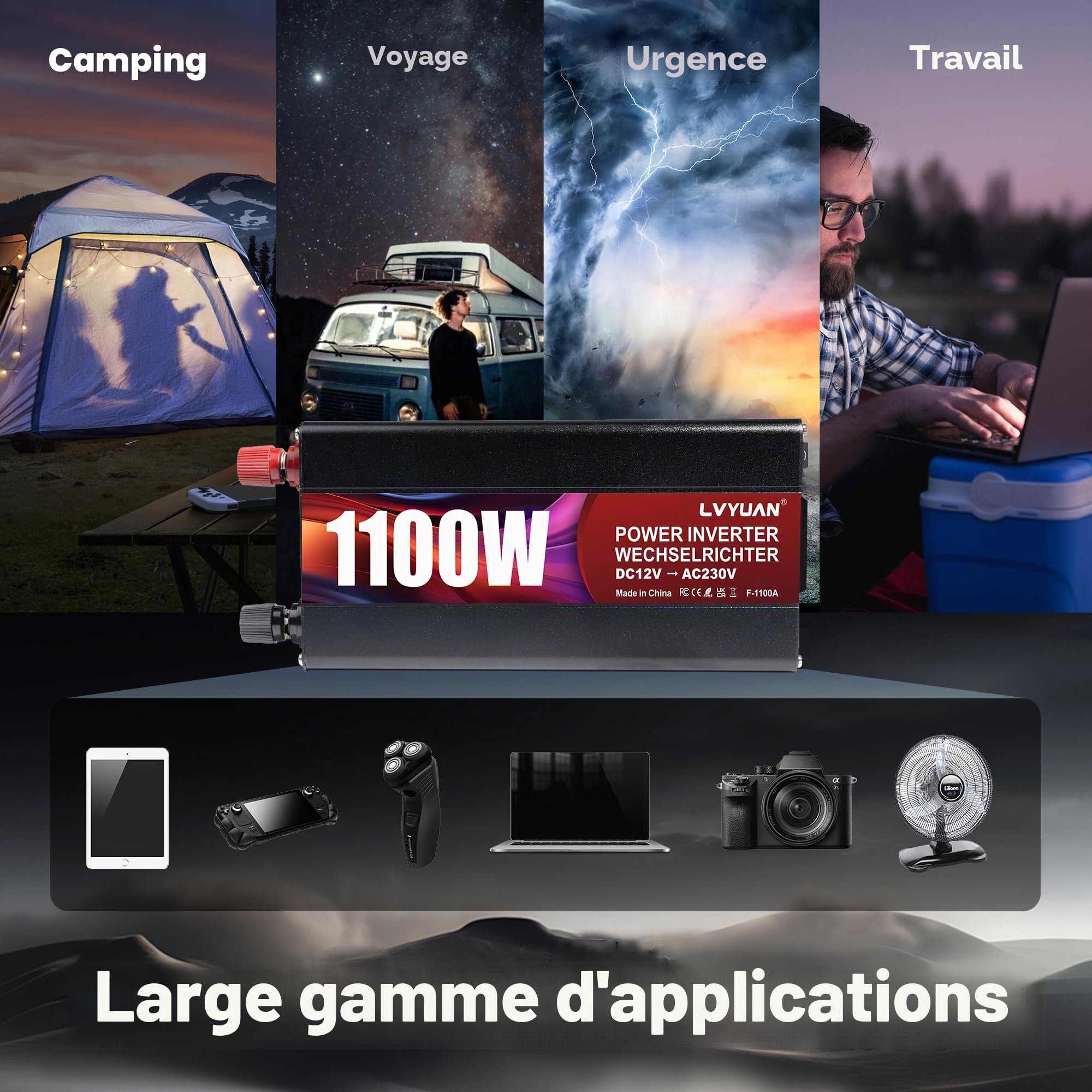 LVYUAN Convertisseur 12V 220V 1100W/ 2000W DC à AC Convertisseur de Puissance Voiture Onduleur Inverter Transformateur avec 2 Ports USB