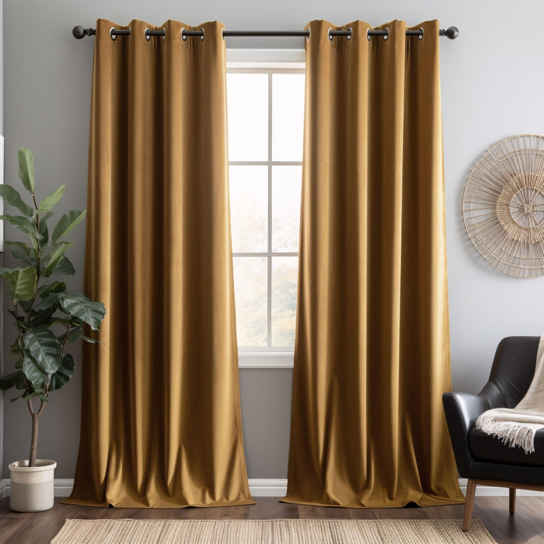 Gold Brown Velvet Curtains, 84 Inch, 2 Panel Set, Super Soft Grommet, Noise Reducing, Room Darkening, Luxury Velvet Curtains for Bedroom Decor, W52 x L84 Inches