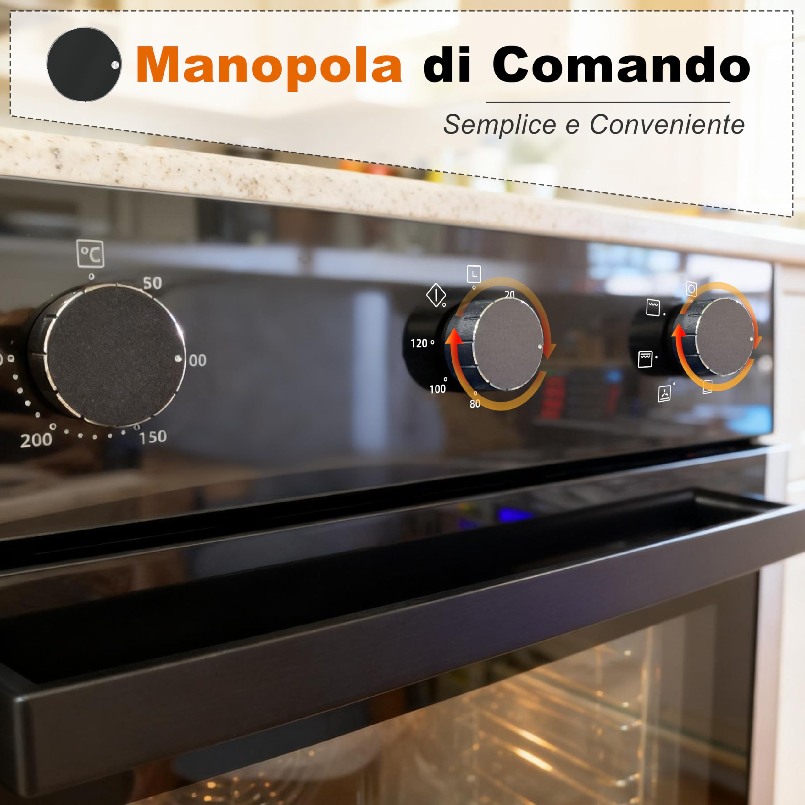 Forno da incasso 60CM, Forno Capiente da 60 Litri con Spina, 2200W, 6 Funzioni, Manopola Meccanica, Timer da 120 Minuti, Ventilatore Posteriore, 230V, 50Hz