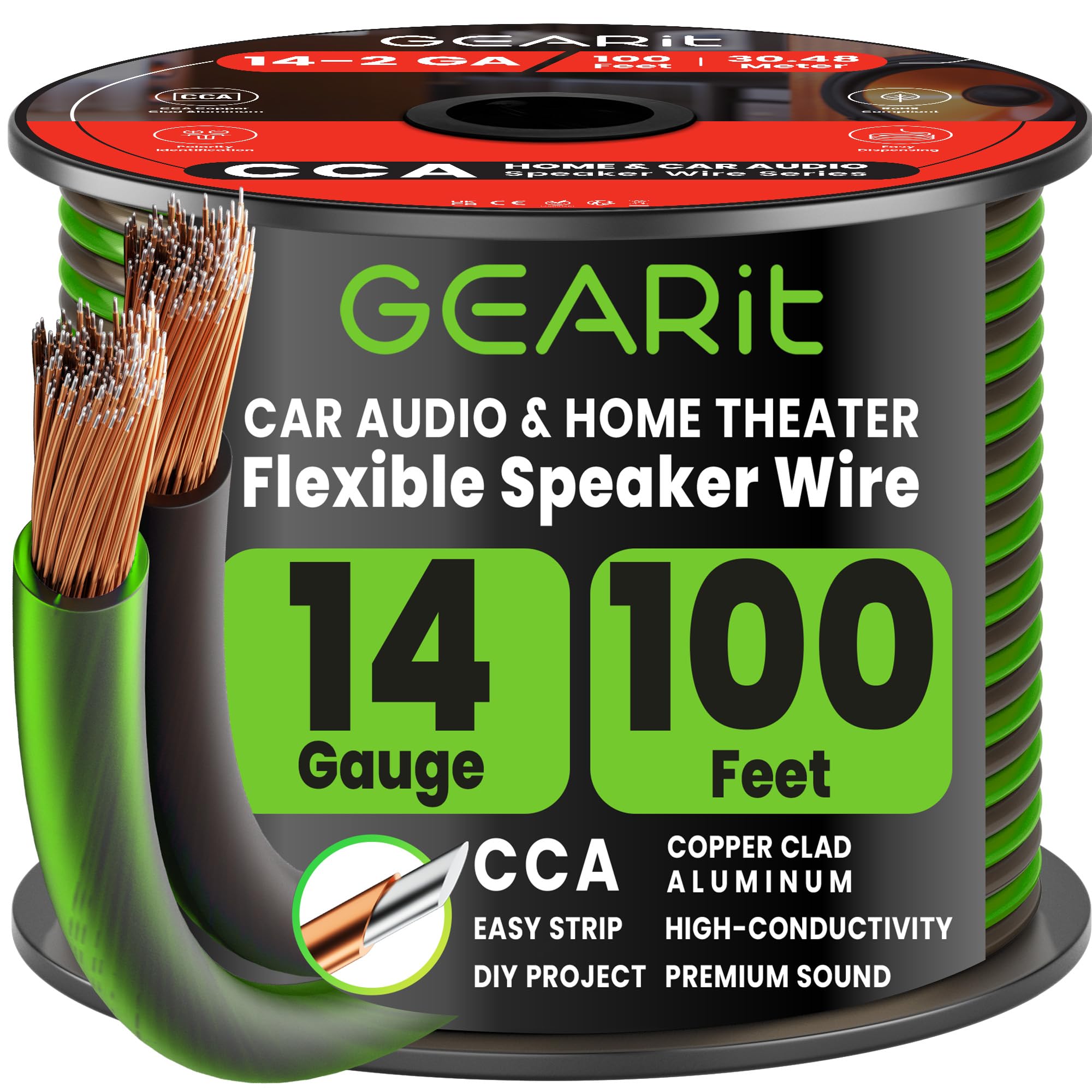 GEARit 14 Gauge Speaker Wire 100FT,14/2 Speaker Cable for Home & Car Audio | Speaker Wire 14 Gauge with Foot Markers,Polarity Marked,14 AWG Speaker Wires for DIY Installations(CCA,Black Green)