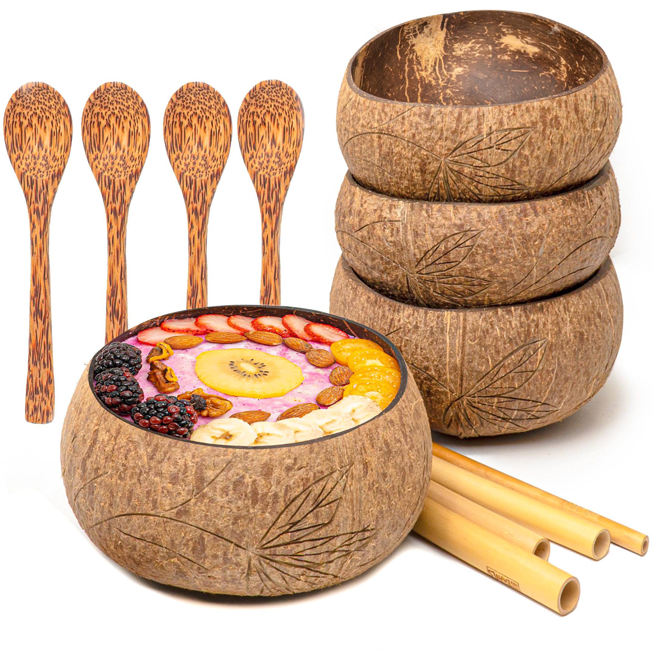 Rainforest Bowls Set of 4 Jumbo Vines Coconut Bowls, 4 Wooden Spoons & 4 Reusable Bamboo Straws - 100% Natural, Hand Carved by Artisans, Eco-Friendly & Sustainable - Smoothie/Acai/Salad Bowls