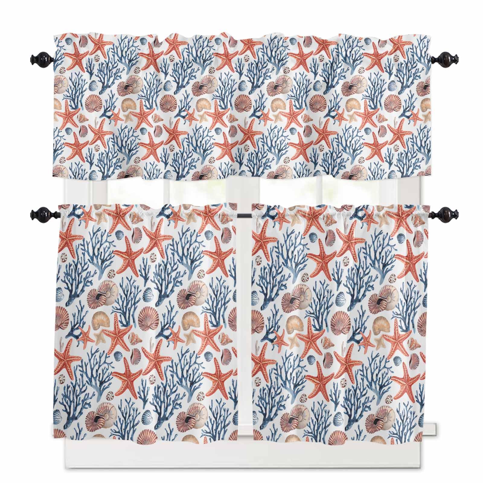 Coastal Kitchen Curtains 36 Inch Length,3 Piece Rod Pocket Small Half Tiers and Valance Set,Summer Beach Starfish Coral Shell Conch Nautical Small Large Window Treatment Decor for Bedroom/Bathroom