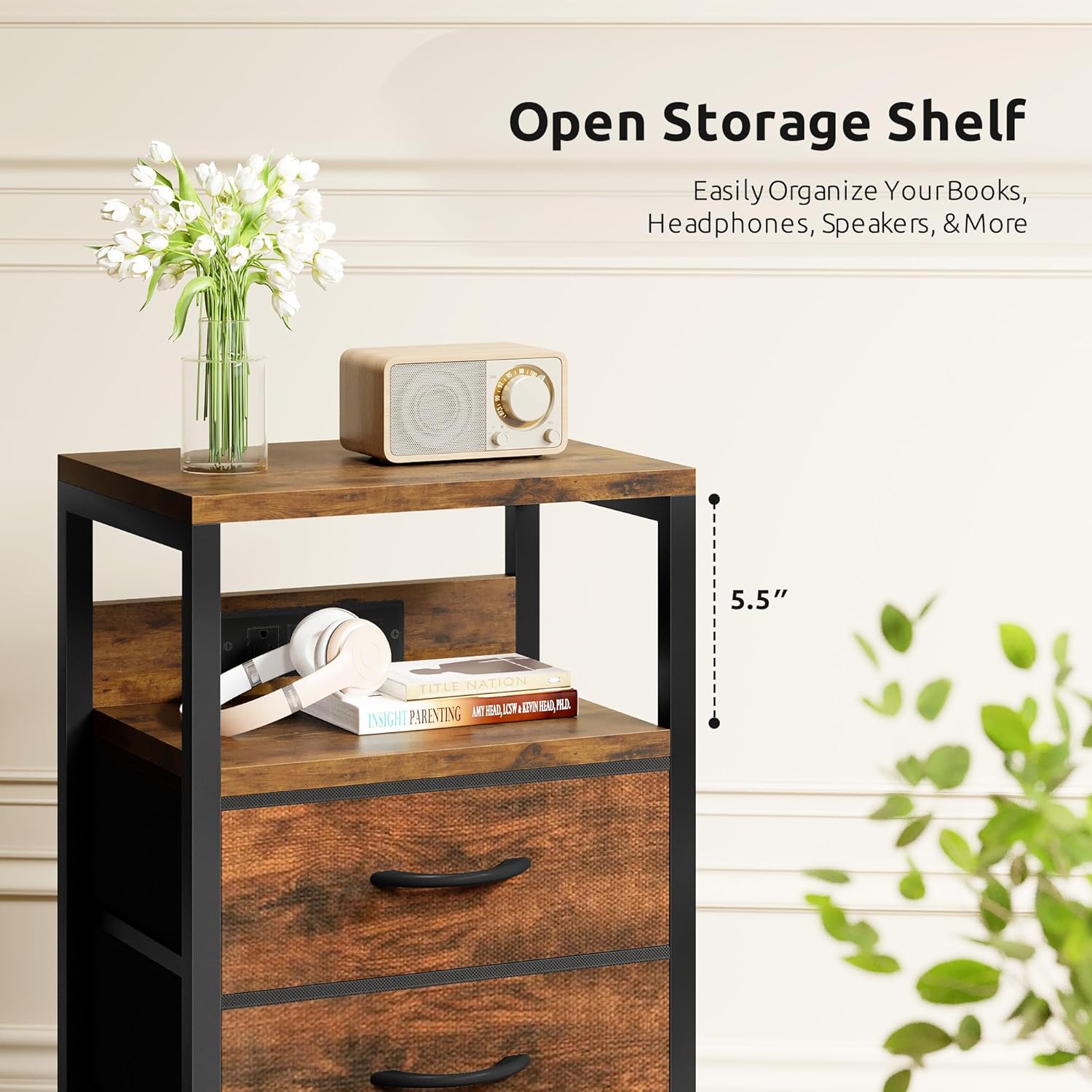 NightStand Bedside Charging Table Bedroom - Brown Night Stand with Charger Station, Modern Bed Side End Table with Open Shelf & 2 Fabric Drawers, USB-C Port for Dorm, Living Room - Image 7